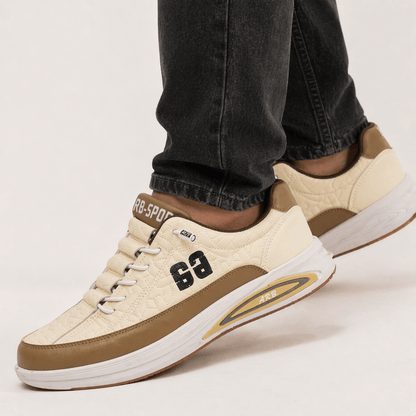 Model wearing ZK Apex Cream Sole Racer sneakers
