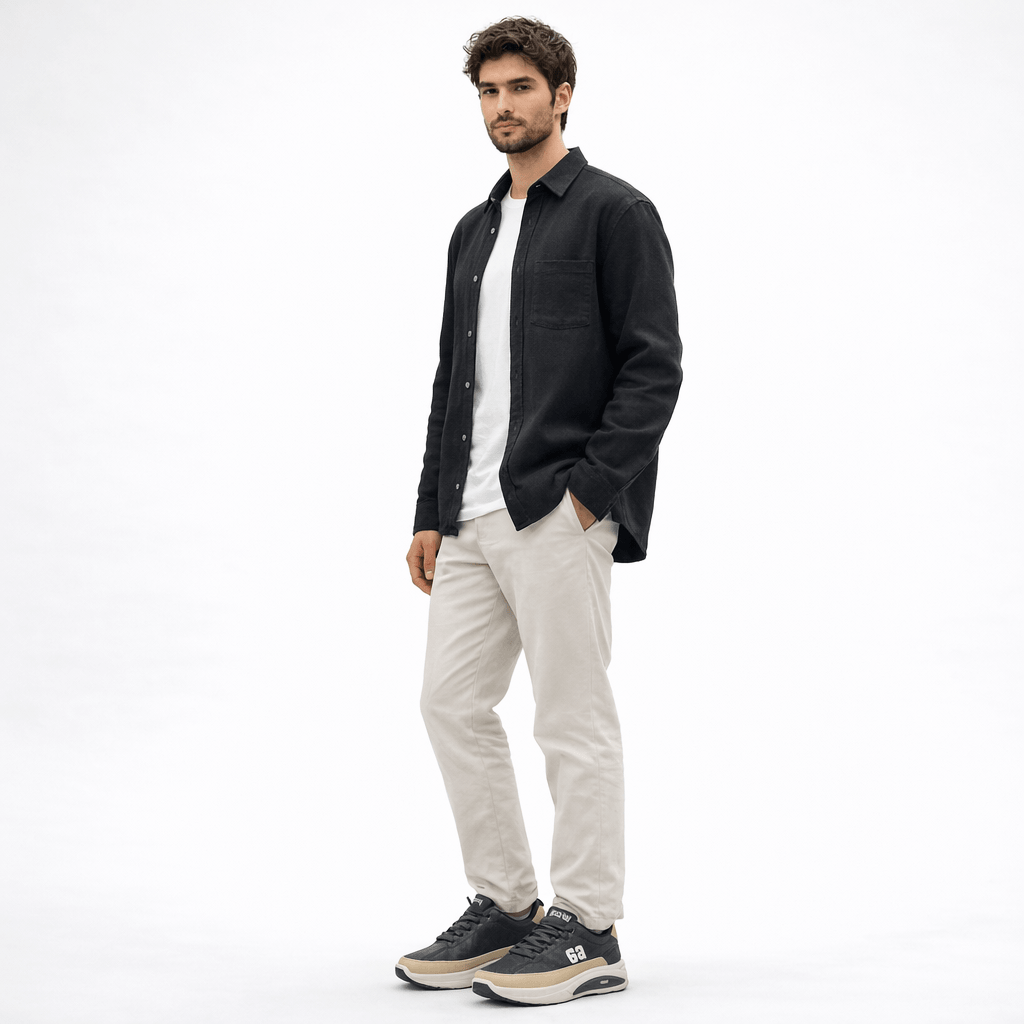 Model wearing ZK Apex Shadow Racer sneakers streetwear outfit