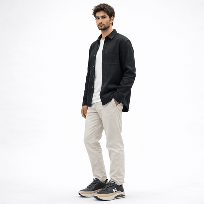 Model wearing ZK Apex Shadow Racer sneakers streetwear outfit
