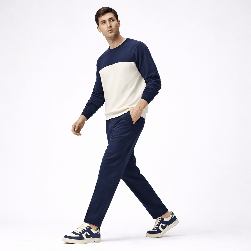 Model wearing ZK Phantom Navy Low-Top sneakers