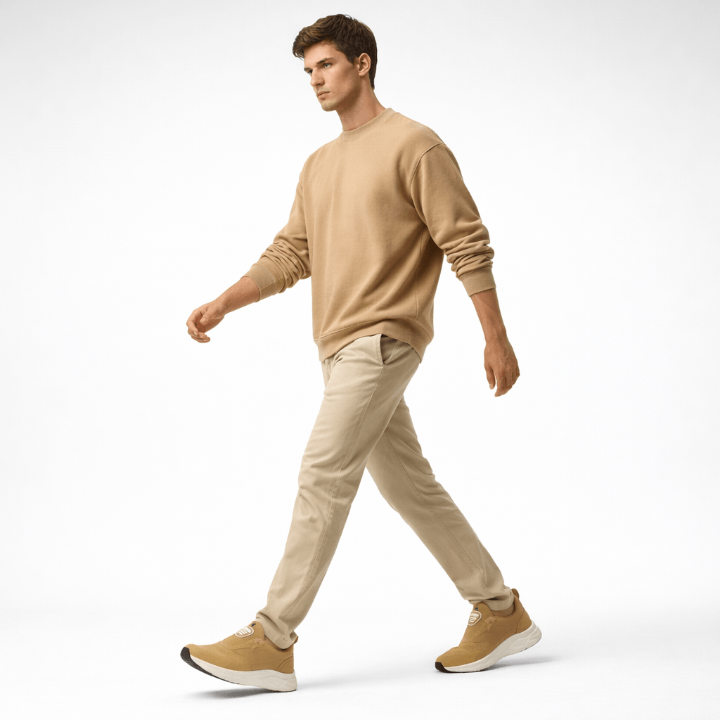 Model wearing ZK Drift Sand Slip-On sneakers