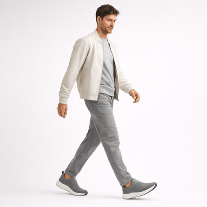 Model wearing ZK Drift Ash Slip-On sneakers